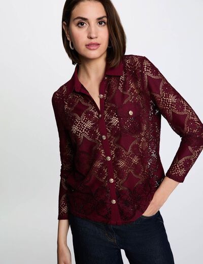 Camisa de encaje con cuello vuelto burdeos mujer