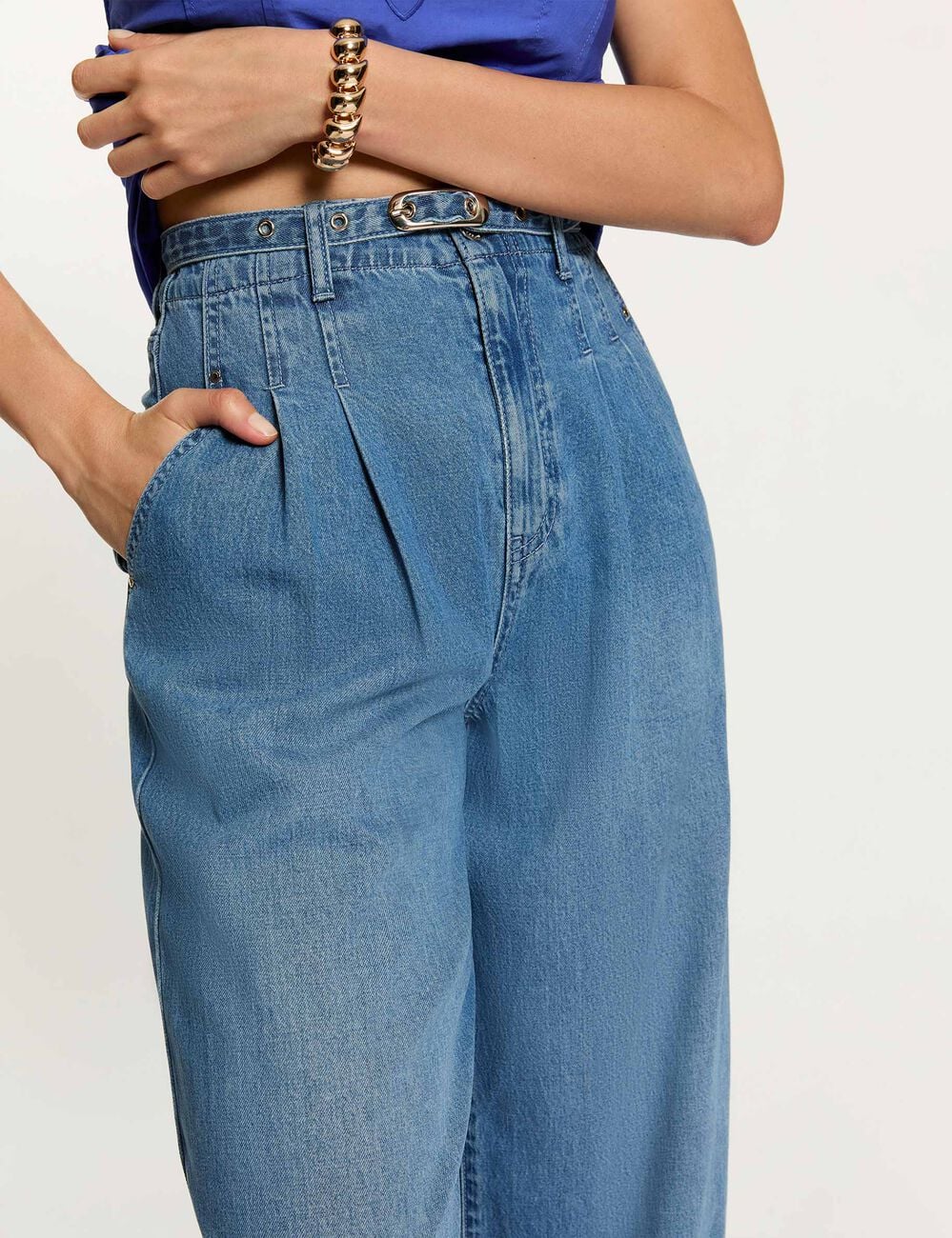 Jean ancho de tiro alto denim stone mujer