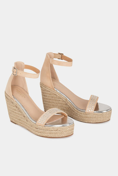 Sandalias plataformas con strass beige mujer