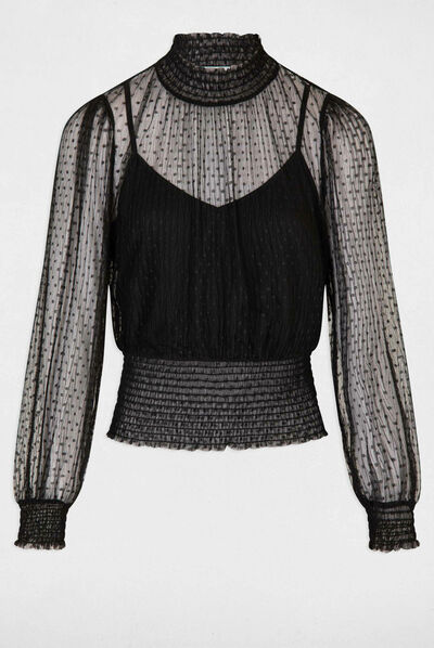 Camiseta manga larga con plumeti negro mujer