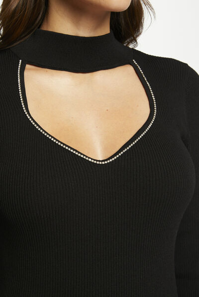 Vestido de punto ajustado con abertura negro mujer