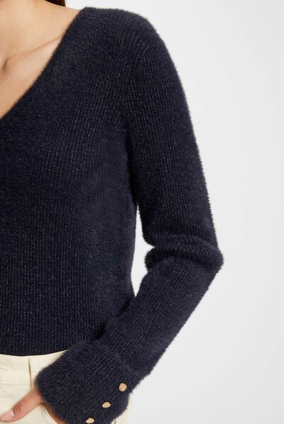 Jersey manga larga con escote en V marino mujer