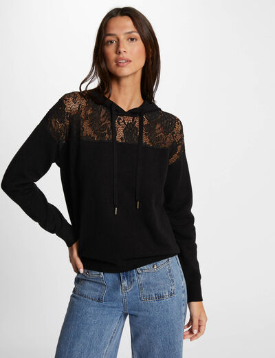 Jersey capucha y encaje negro mujer
