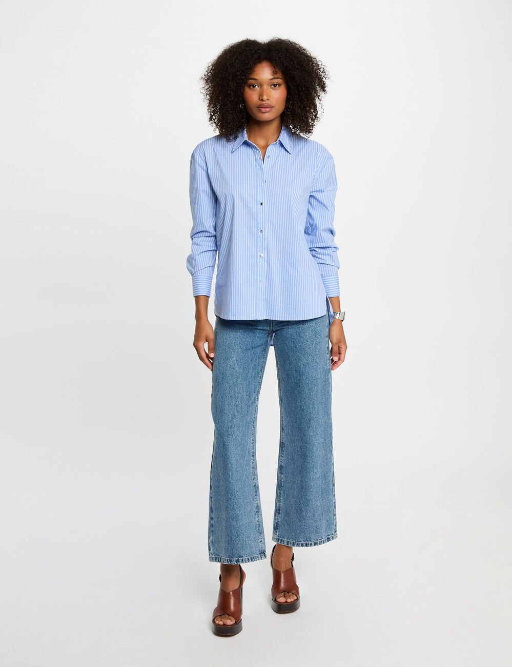 Camisa manga larga rayas azul cielo mujer