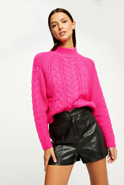 Jersey manga larga con cuello alto rosa medio mujer