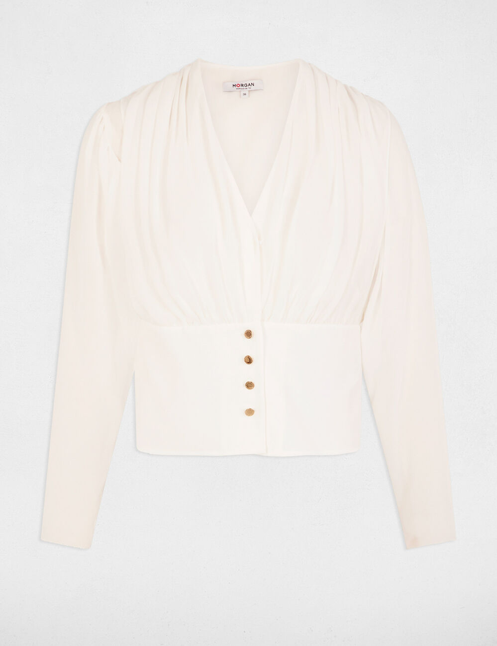 Blusa manga larga drapeada blanco mujer