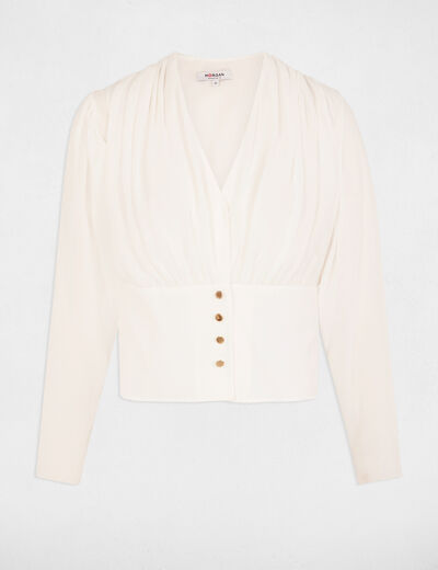 Blusa manga larga drapeada blanco mujer