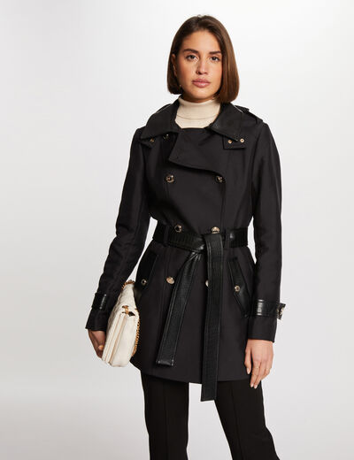 Gabardina con cuero sintético negro mujer