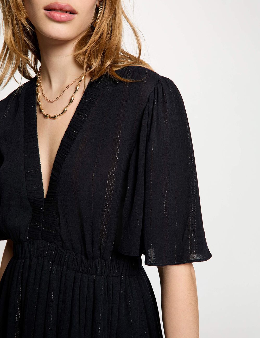 Vestido largo con cuello en V azul marino mujer
