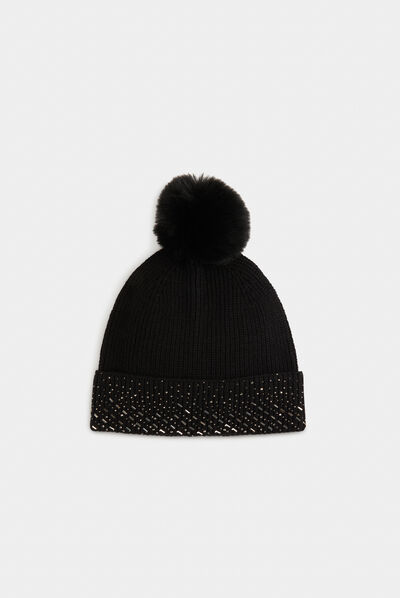 Gorro con strass y pompón negro mujer