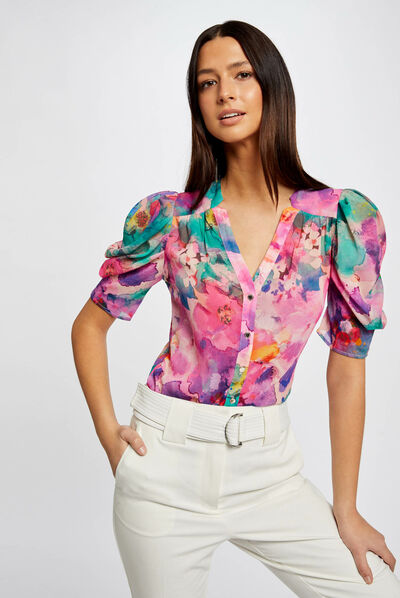 Camisa manga corta estampada multicolor mujer