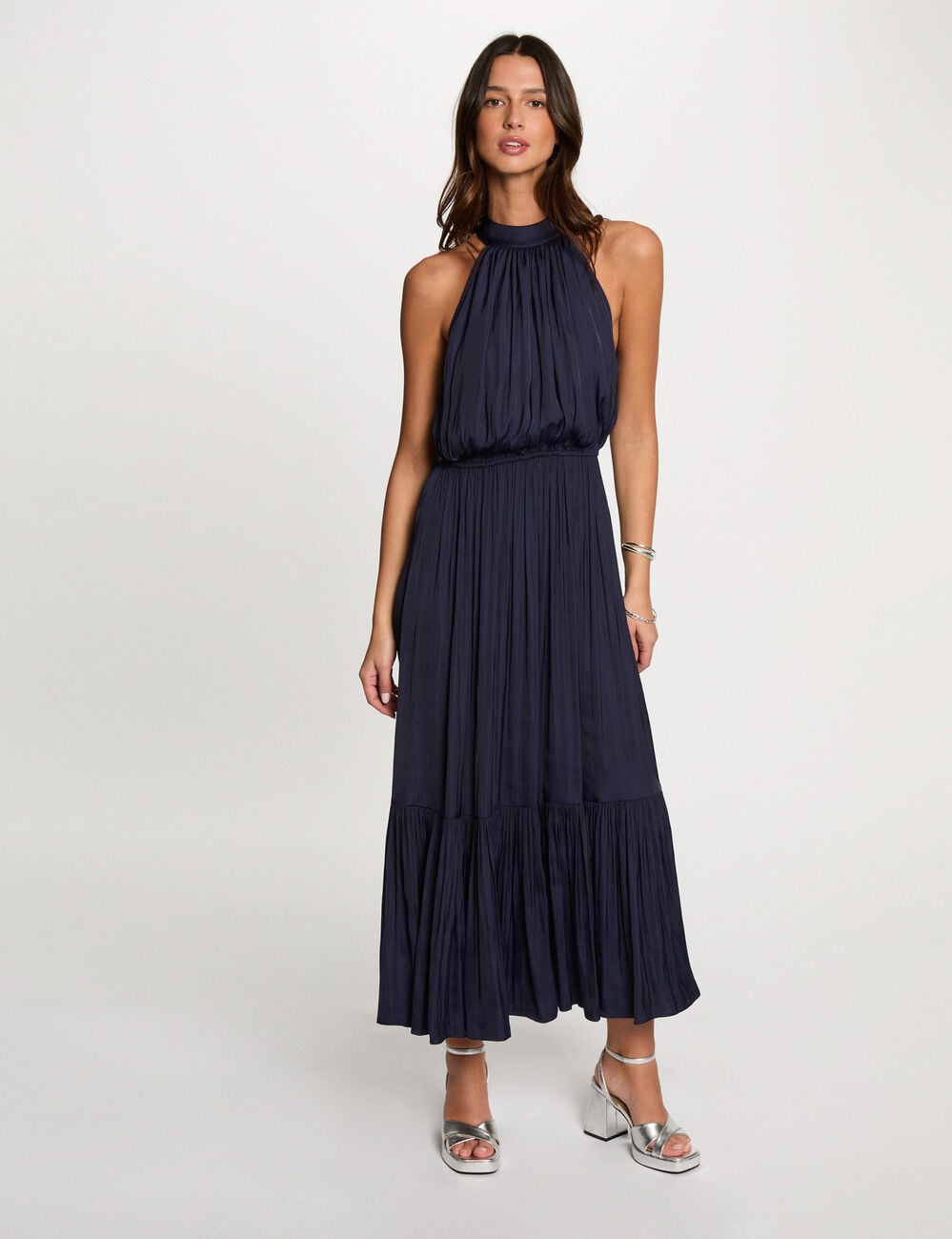 Vestido largo de cuello alto azul marino mujer