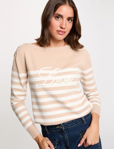 Jersey bordado a rayas marron clair mujer