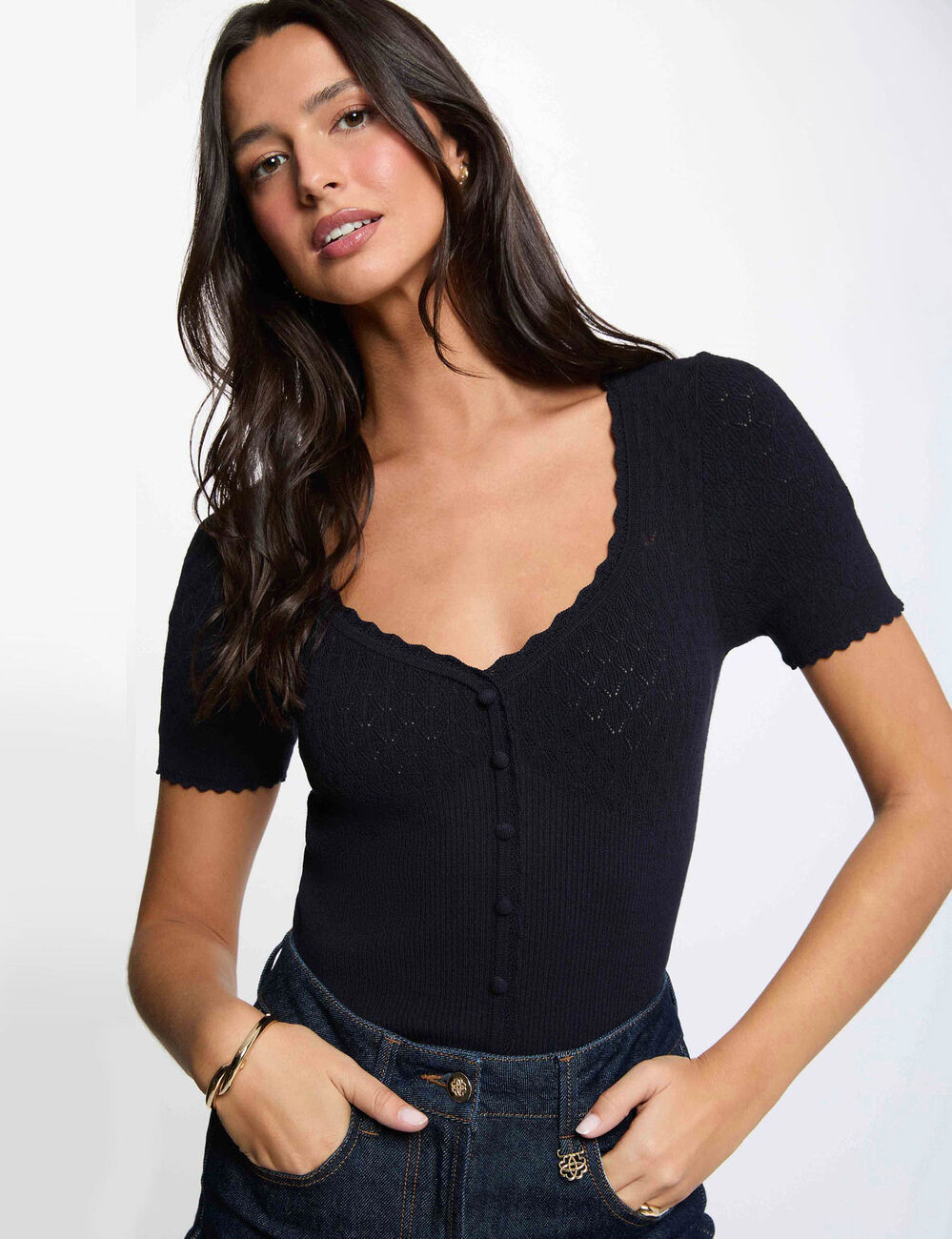 Jersey ajustado con cuello en V azul marino mujer