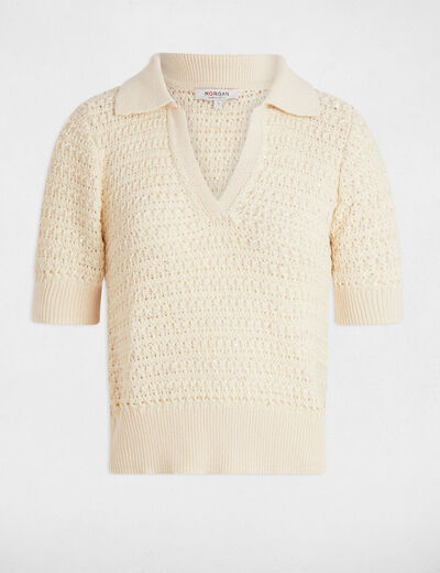 Jersey cuello tipo polo crudo mujer