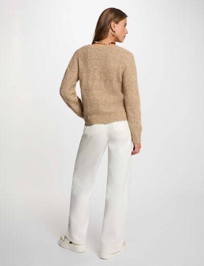 Jersey calado con cuello redondo beige mujer