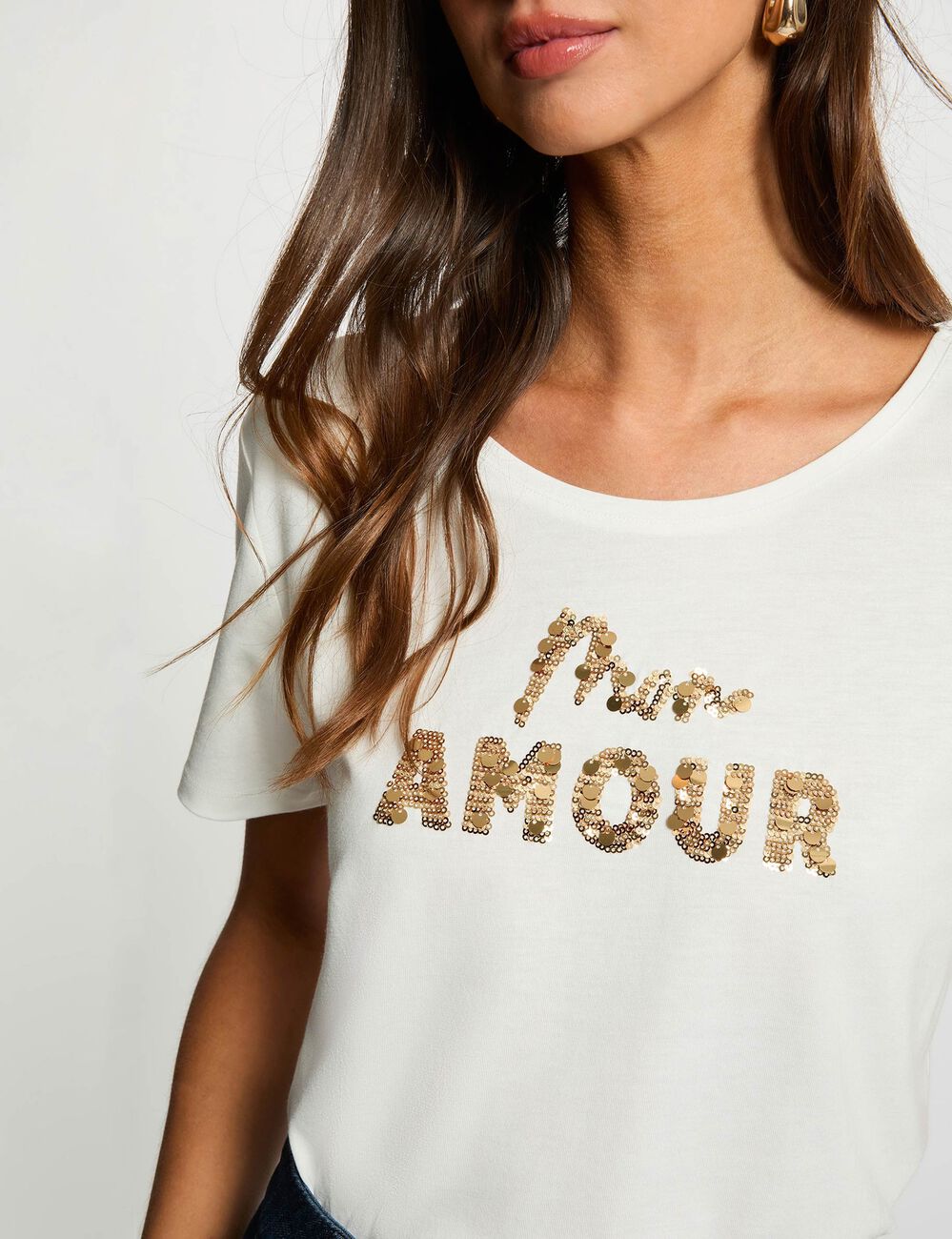 Camiseta bordada con lentejuelas blanco mujer