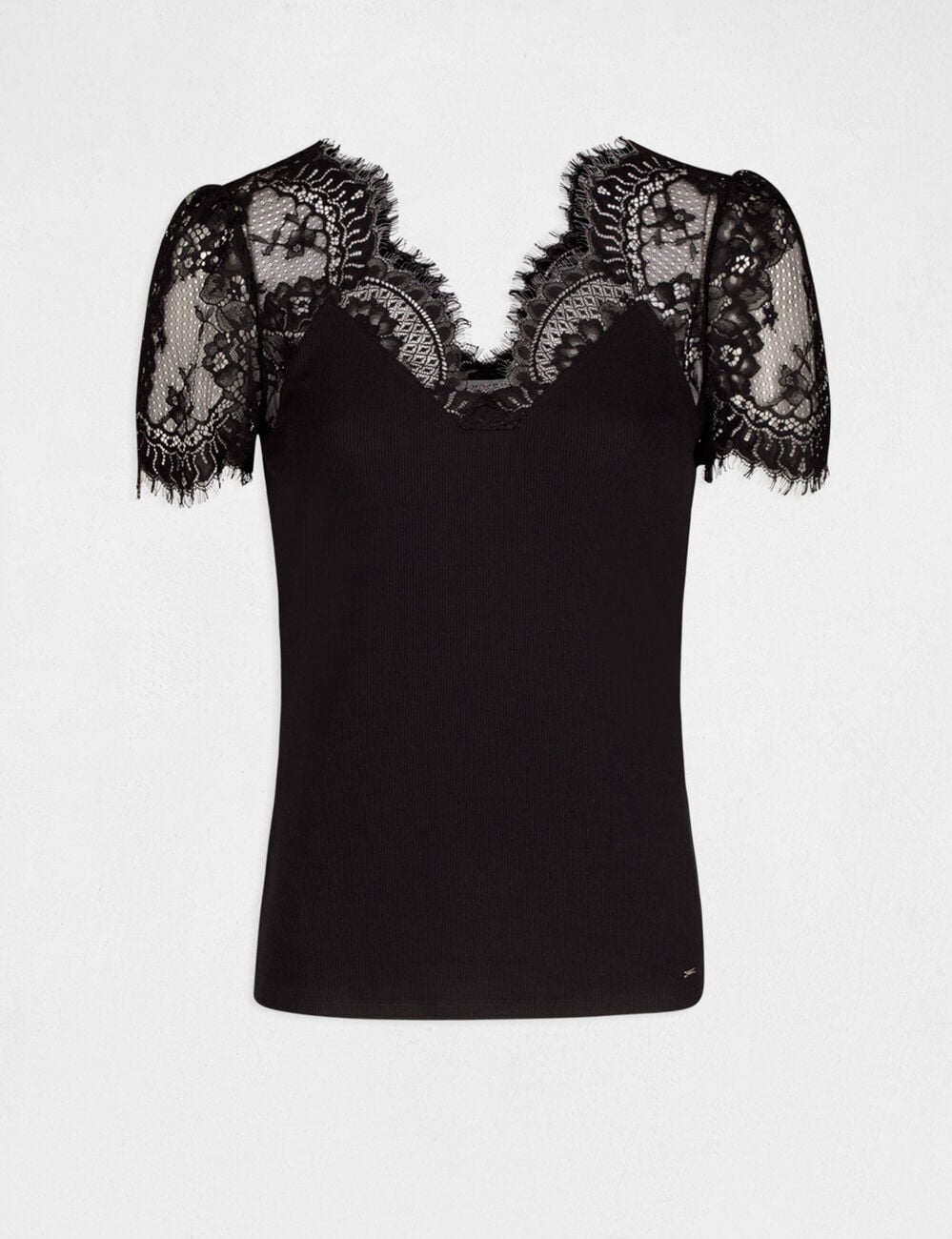 Camiseta manga corta con encaje negro mujer