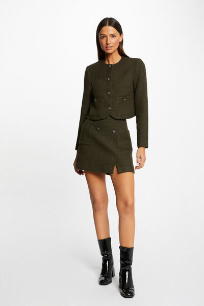 Falda recta con botones verde oscuro mujer
