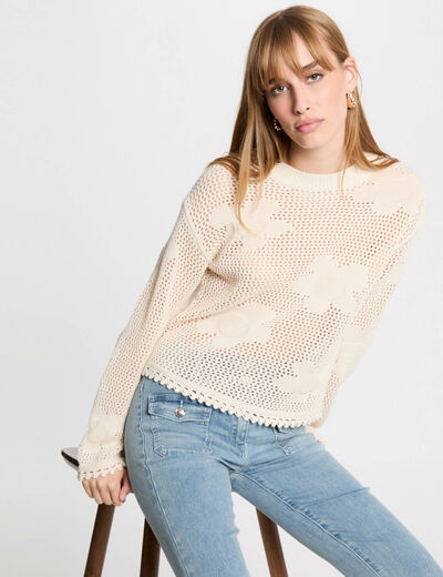 Jersey calado cuello redondo marfil mujer