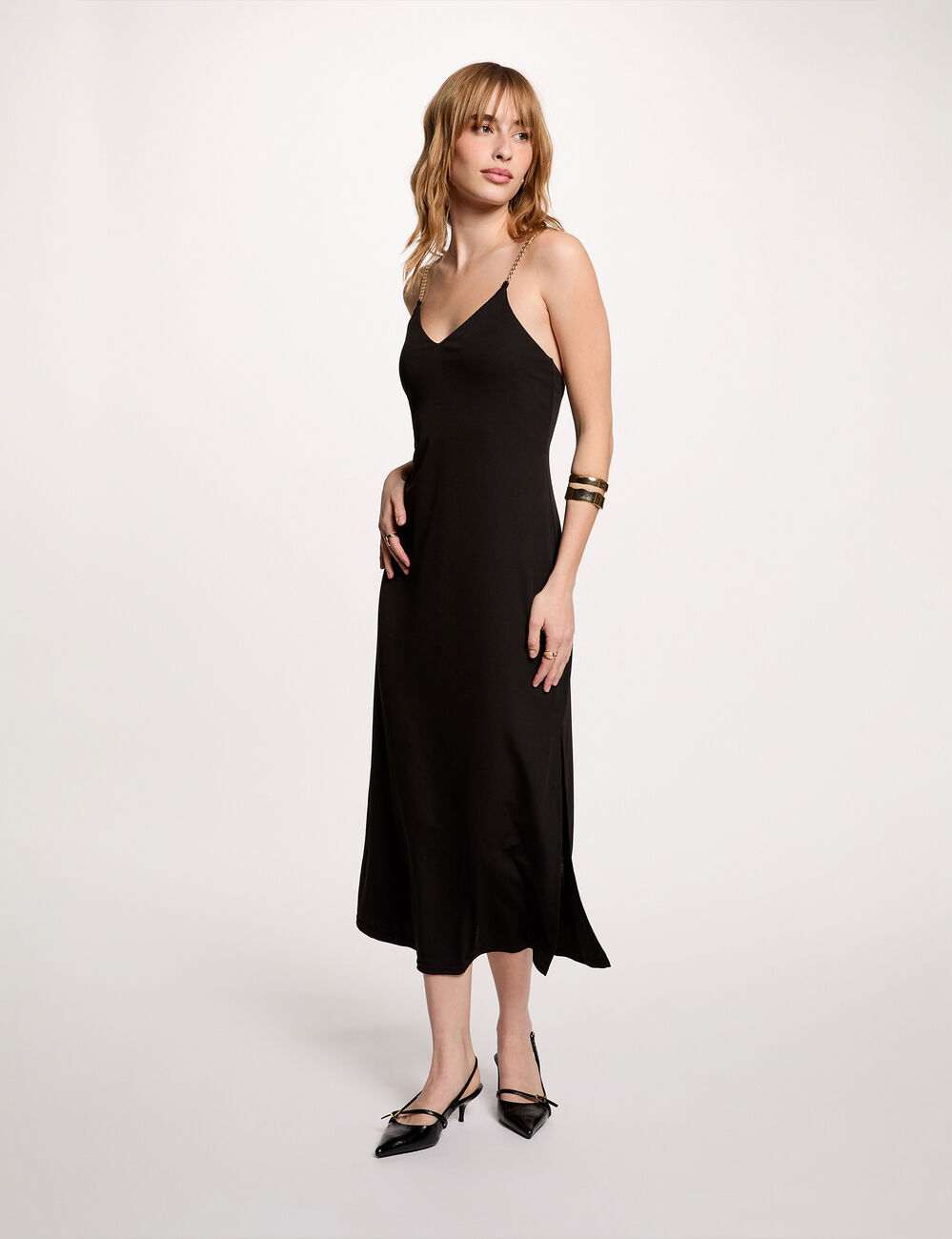 Vestido midi tirantes cadena negro mujer