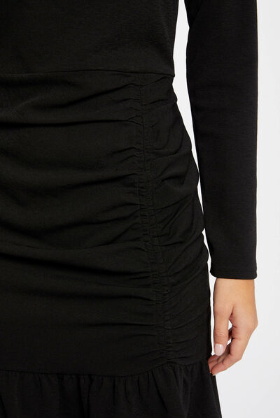 Vestido ajustado volantes y cuello alto negro mujer