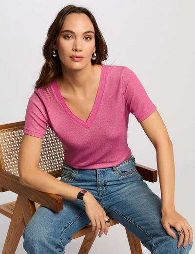 Camiseta manga corta con escote en V rosa mujer
