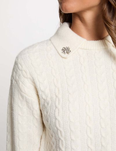 Jersey trenzado con cuello vuelto marfil mujer