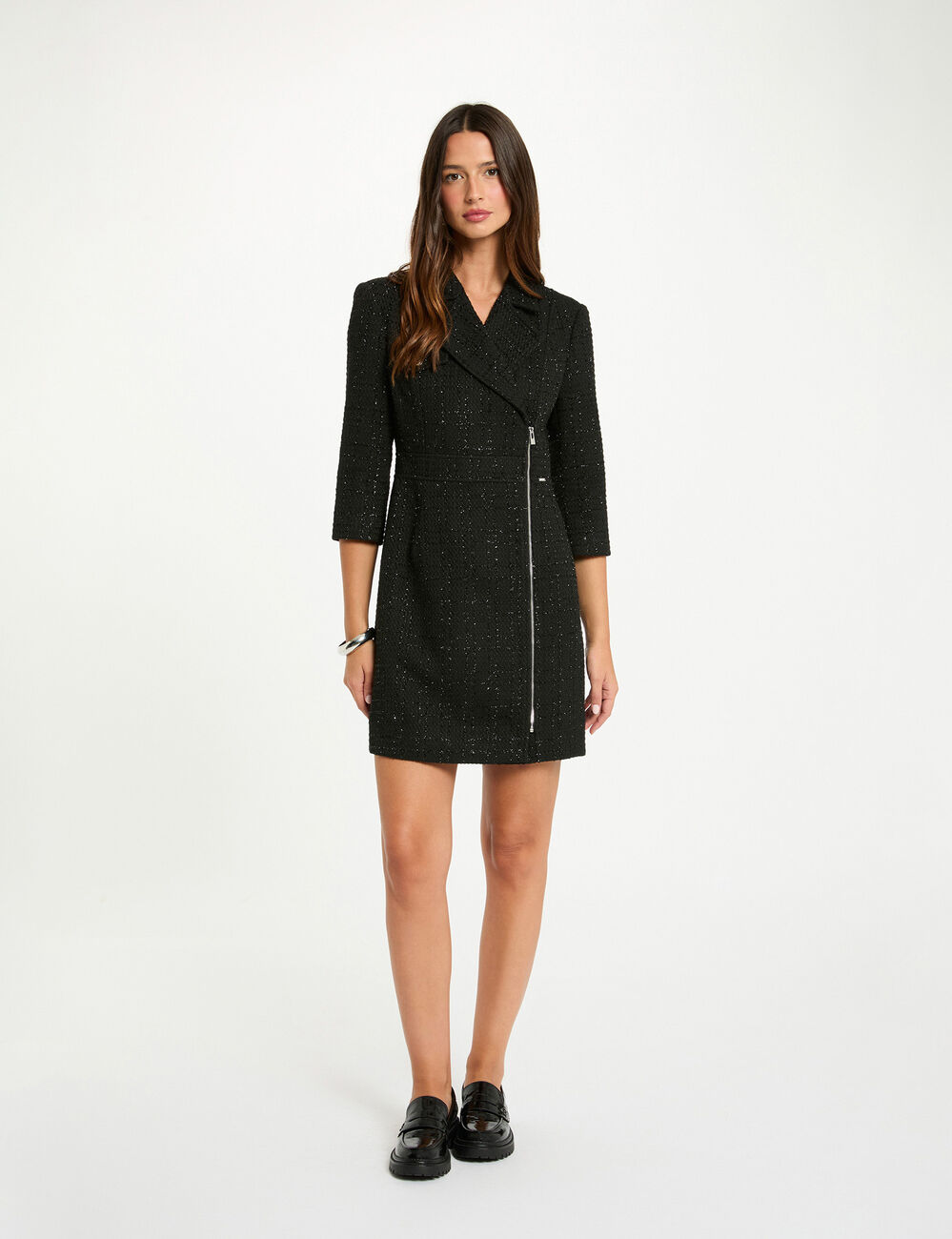 Vestido corto de tweed negro mujer