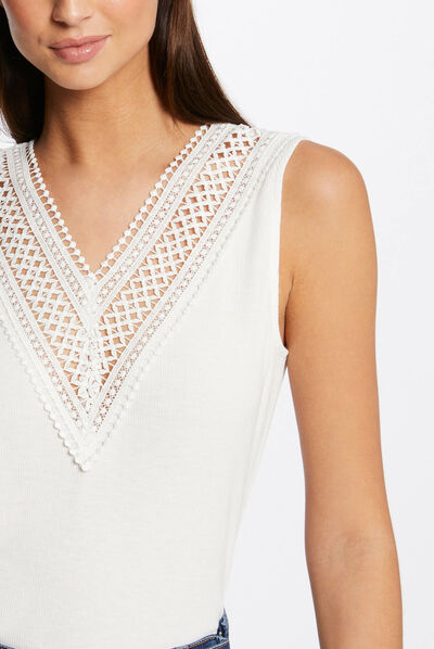 Top acanalado con tirantes anchos crudo mujer
