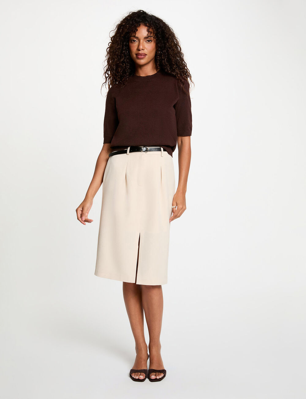 Falda l&aacute;piz de cintura alta beige mujer