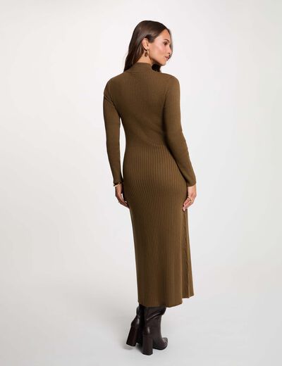 Vestido de punto con cuello alto verde caqui mujer
