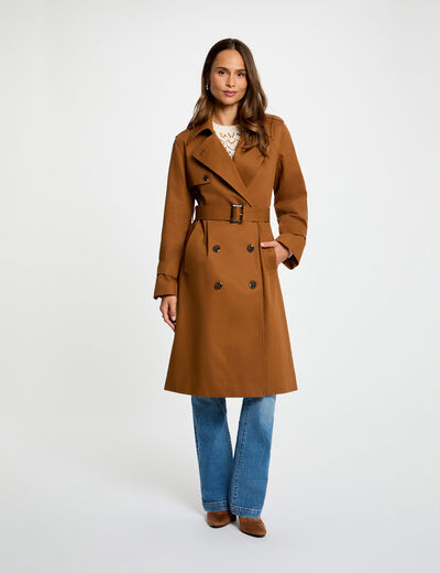 Trench largo con cuello sastre marr&oacute;n co&ntilde;ac mujer
