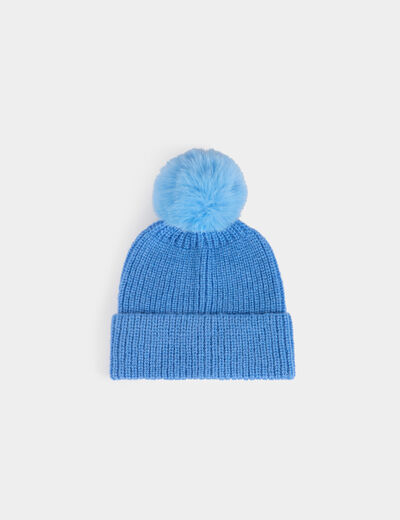 Gorro con pompon azul mujer