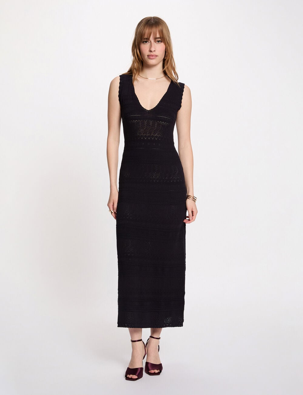 Vestido punto largo ajustado azul marino mujer