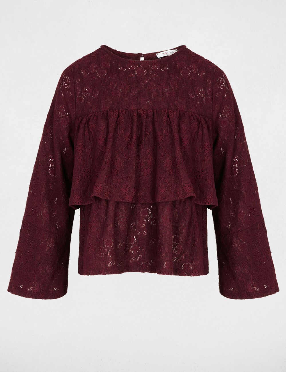 Camiseta de encaje con volantes burdeos mujer