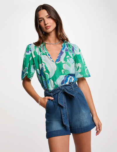 Short vaquero con cinturón denim stone mujer