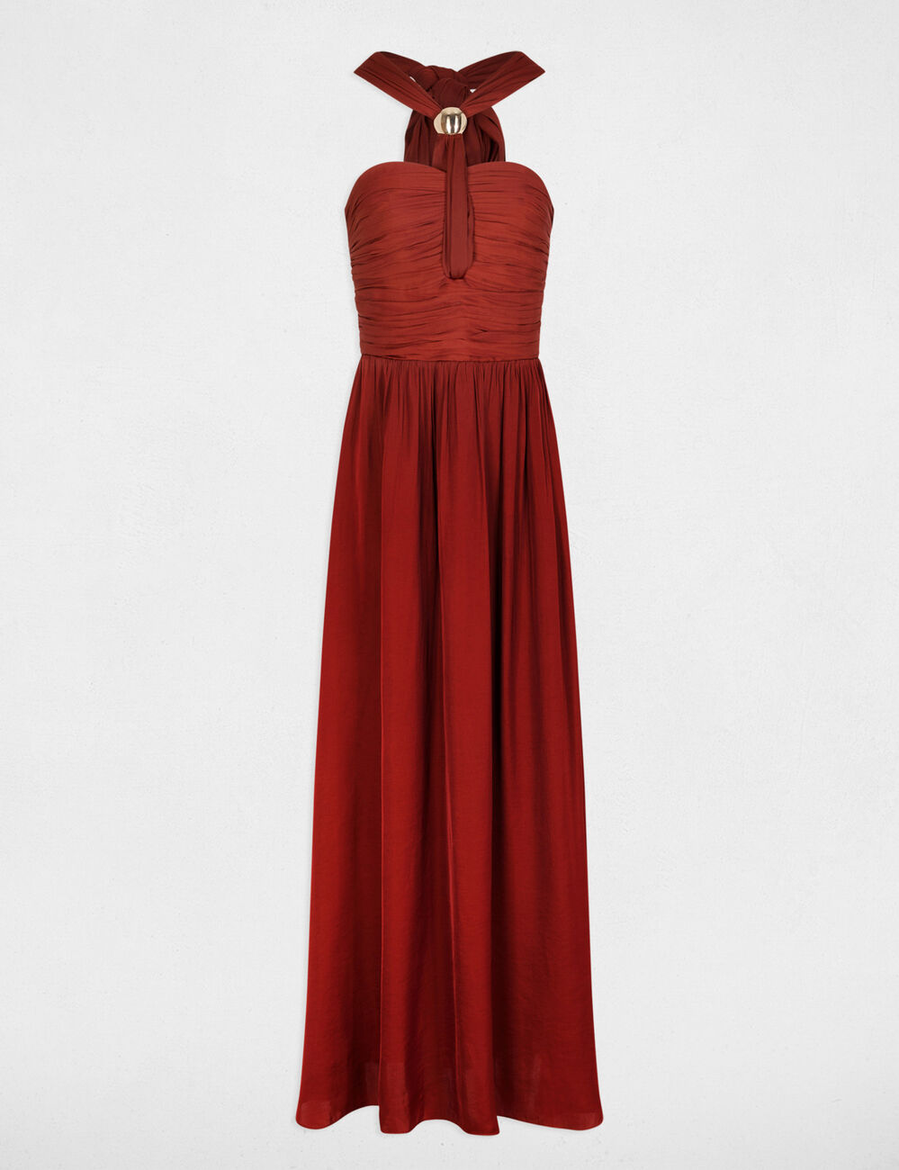 Vestido largo con cuello anudado marr&oacute;n co&ntilde;ac mujer