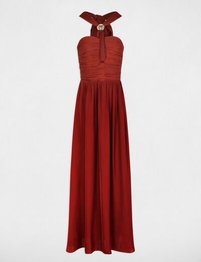 Vestido largo con cuello anudado marr&oacute;n co&ntilde;ac mujer