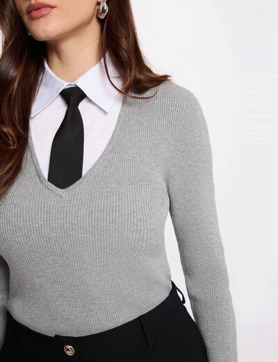 Jersey 2 en 1 con cuello vuelto gris claro mujer