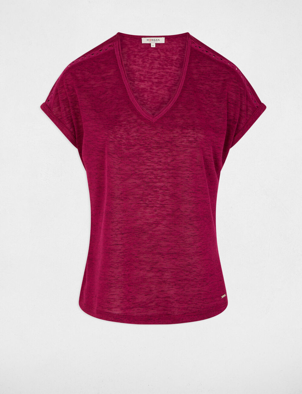 Camiseta cuello v manga corta ciruela mujer