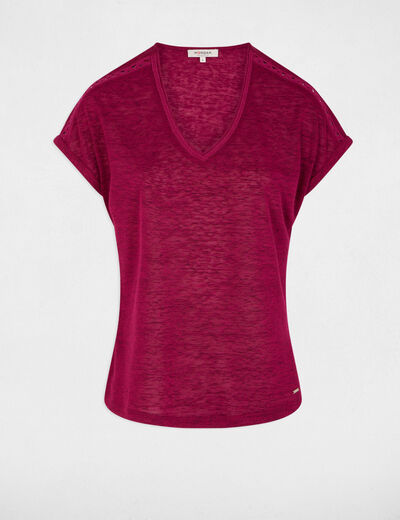 Camiseta cuello v manga corta ciruela mujer