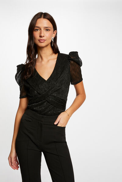Camiseta manga corta hilos metalizados negro mujer