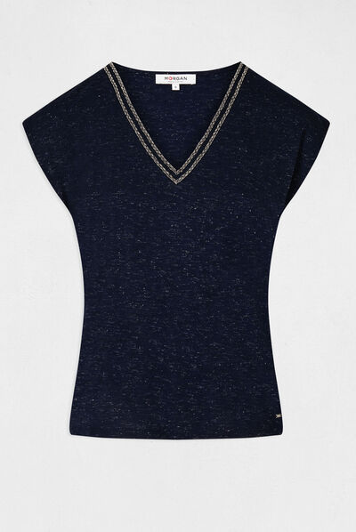 Camiseta manga corta con escote en V azul marino mujer