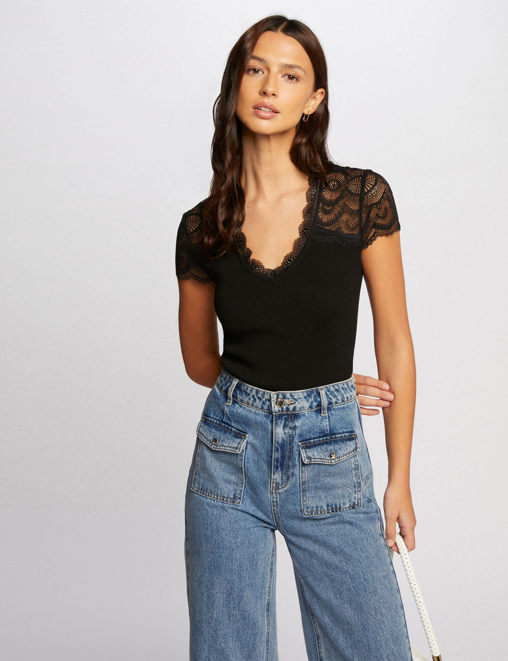 Jersey manga corta encaje negro mujer