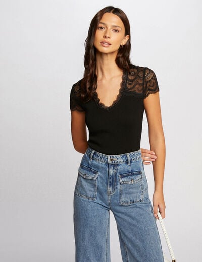 Jersey manga corta encaje negro mujer