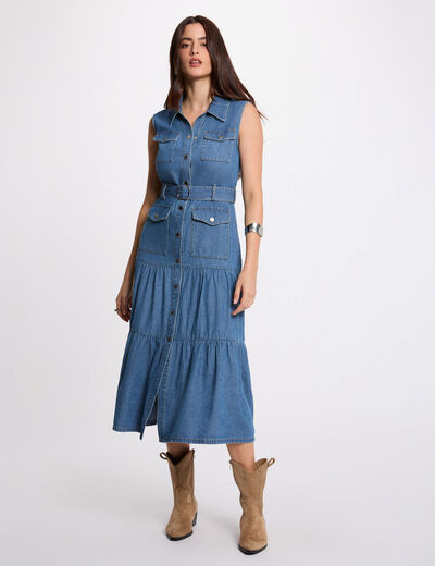 Vestido largo recto vaquero denim stone mujer