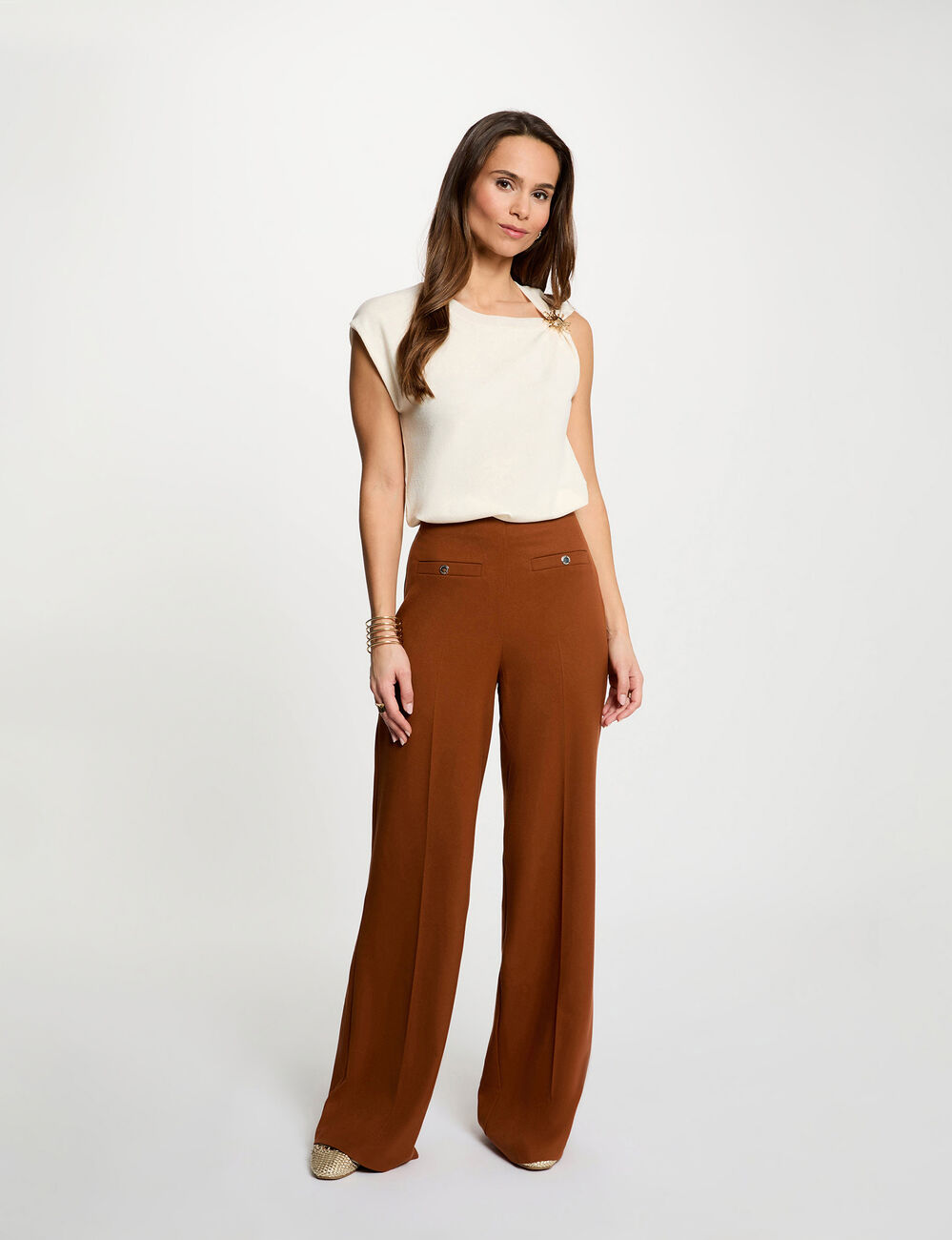 Pantal&oacute;n ancho de tiro alto marr&oacute;n co&ntilde;ac mujer