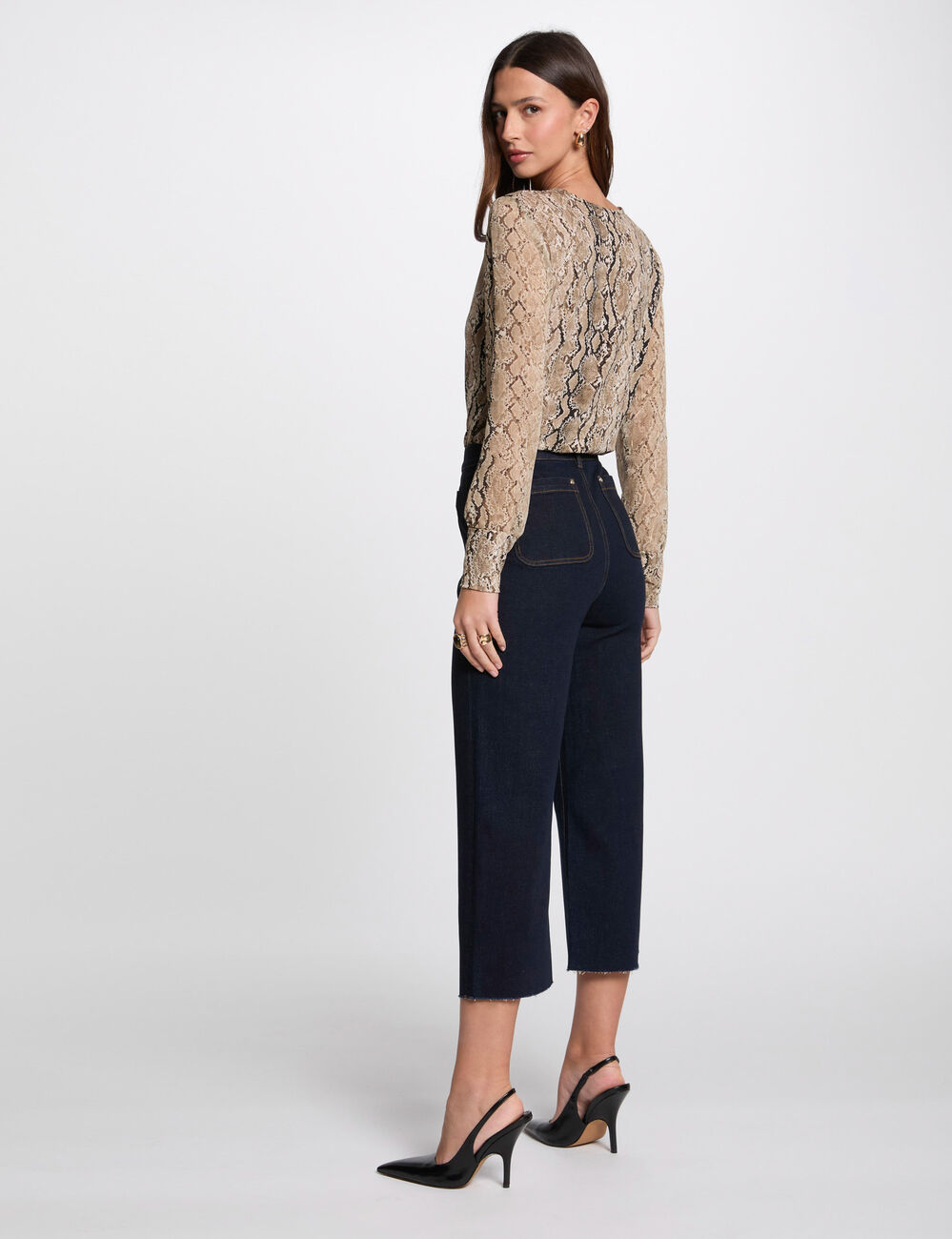 Pantalón pernera ancha denim crudo mujer