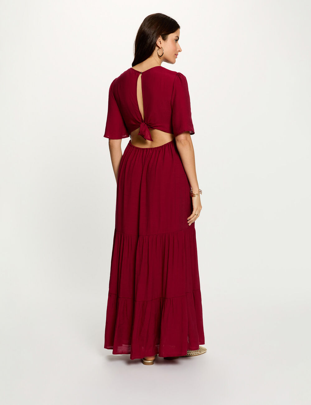Vestido largo con cuello en V burdeos mujer